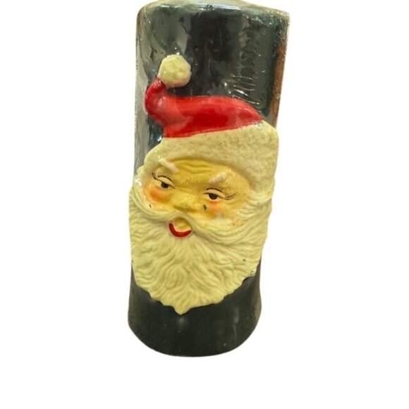 Vintage Santa Claus Face Christmas Candle Hand-Painted Green Base Holiday Décor - Picture 1 of 5